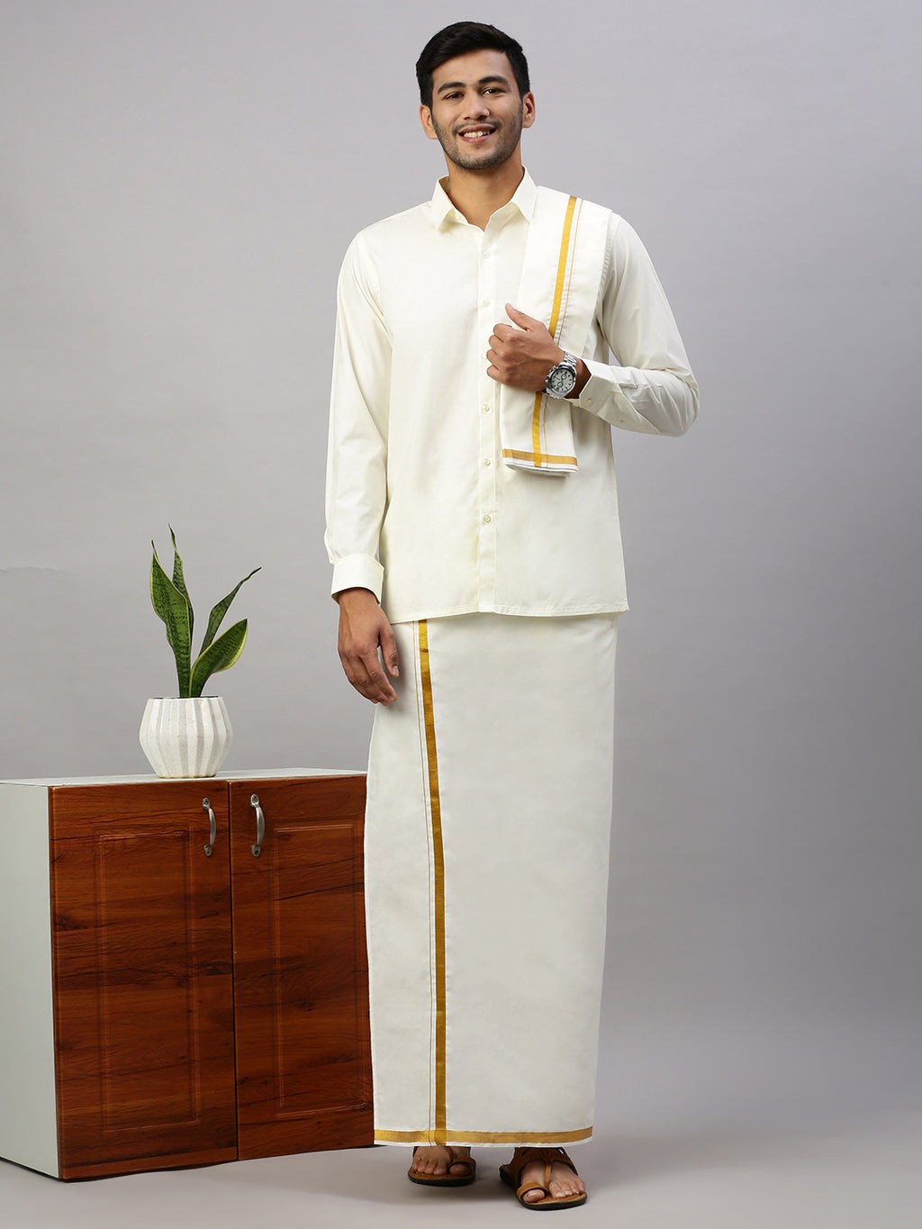 Mens Wedding Set Cream Regular Dhoti, Shirt & Towel Arathi 1/2"