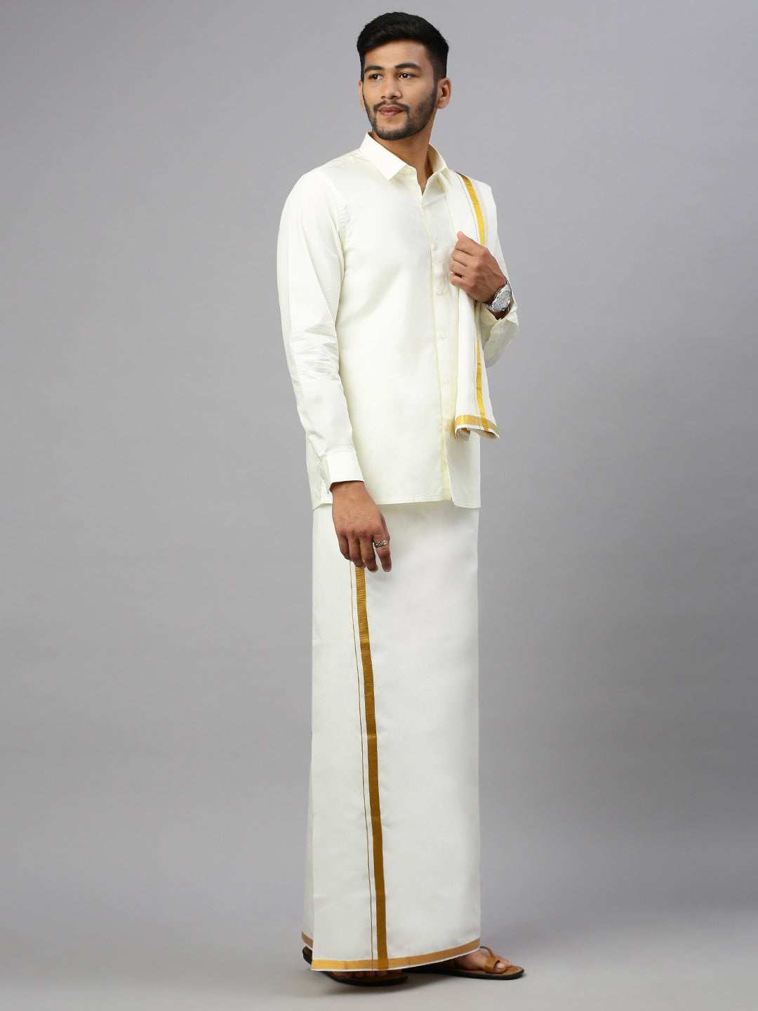 Mens Wedding Cream Regular Dhoti, Shirt & Towel Set Subhakalyan 1"