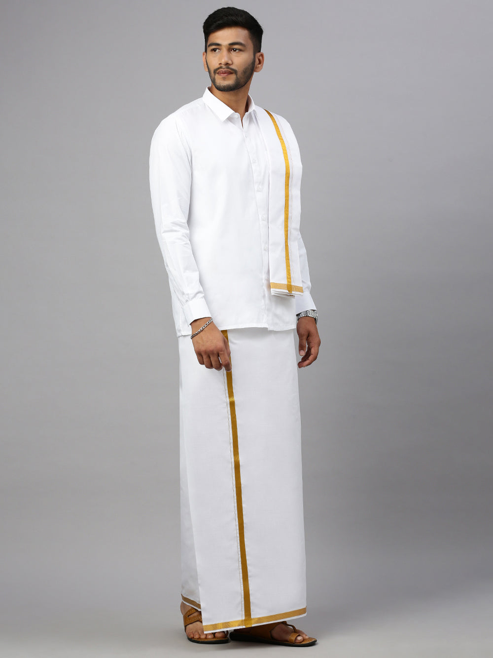 Premium White Full Sleeves Shirt with Double Dhoti & Towel Combo