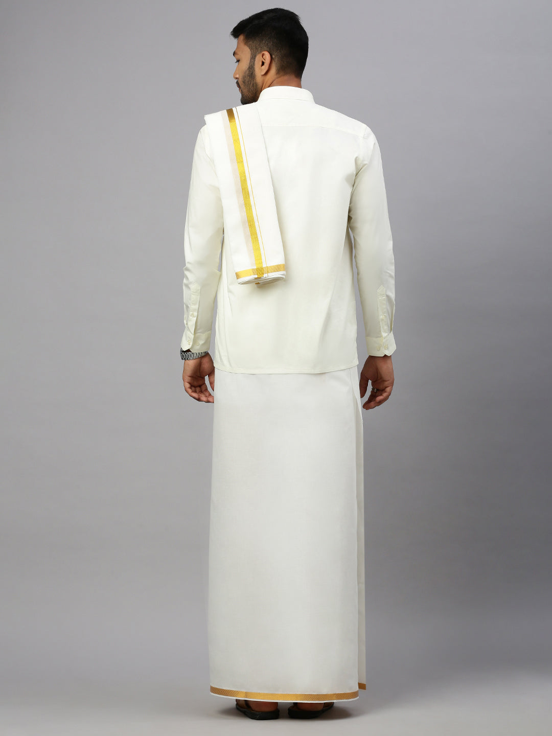 Mens Wedding Cream Regular Dhoti, Shirt & Towel Set Subhakalyan 1"