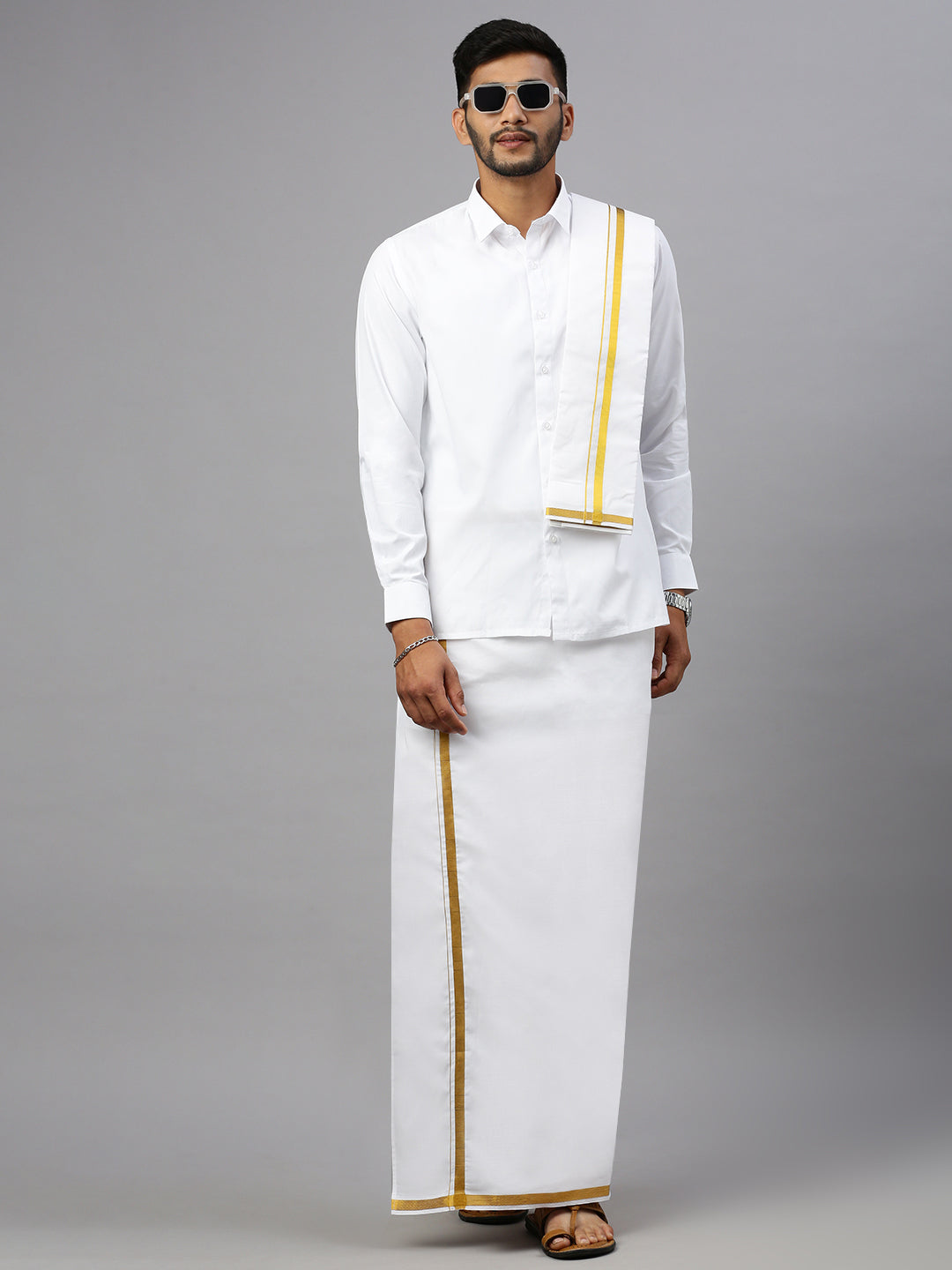 Premium Wedding White Readymade Dhoti, Shirt & Towel Set Dhanvanthri